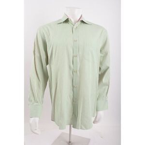Lincs David Chu Mens Dress Shirt L Green White Striped Long Sleeve Cotton